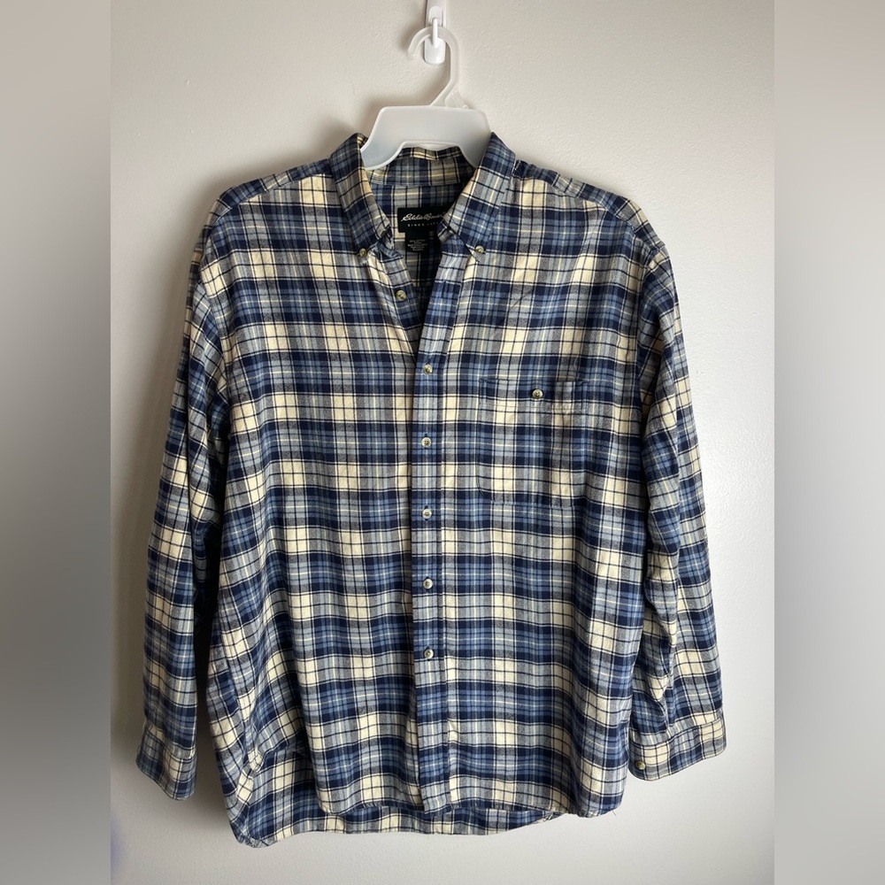 Eddie Bauer Long Sleeve 100% cotton Blue/White plaid Flannel Shirt Sz L